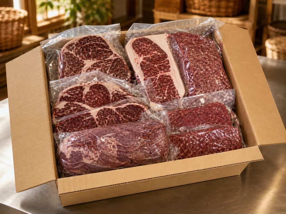 An open beef box filled with vacuum-sealed steaks, roast, and ground beef
