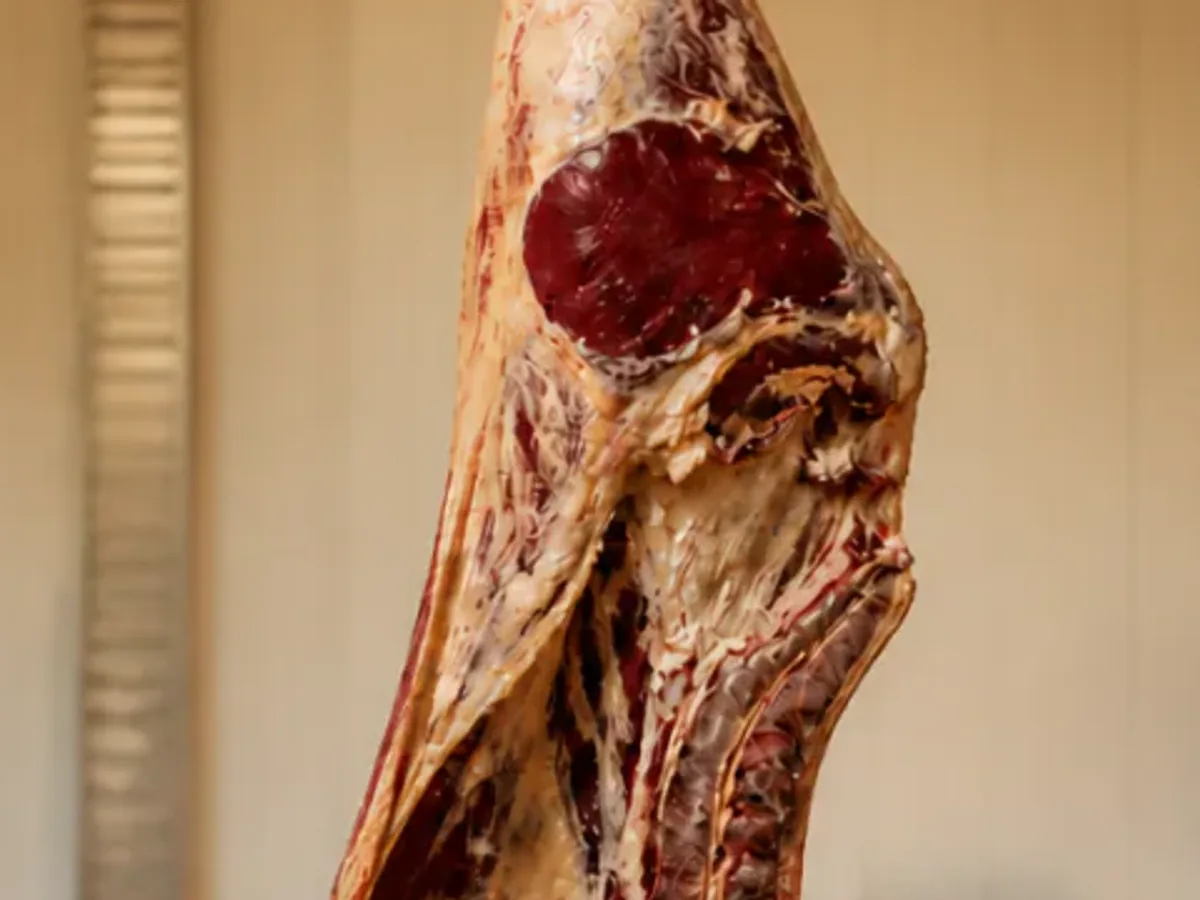 One beef half hanging in a warm family butcher shop