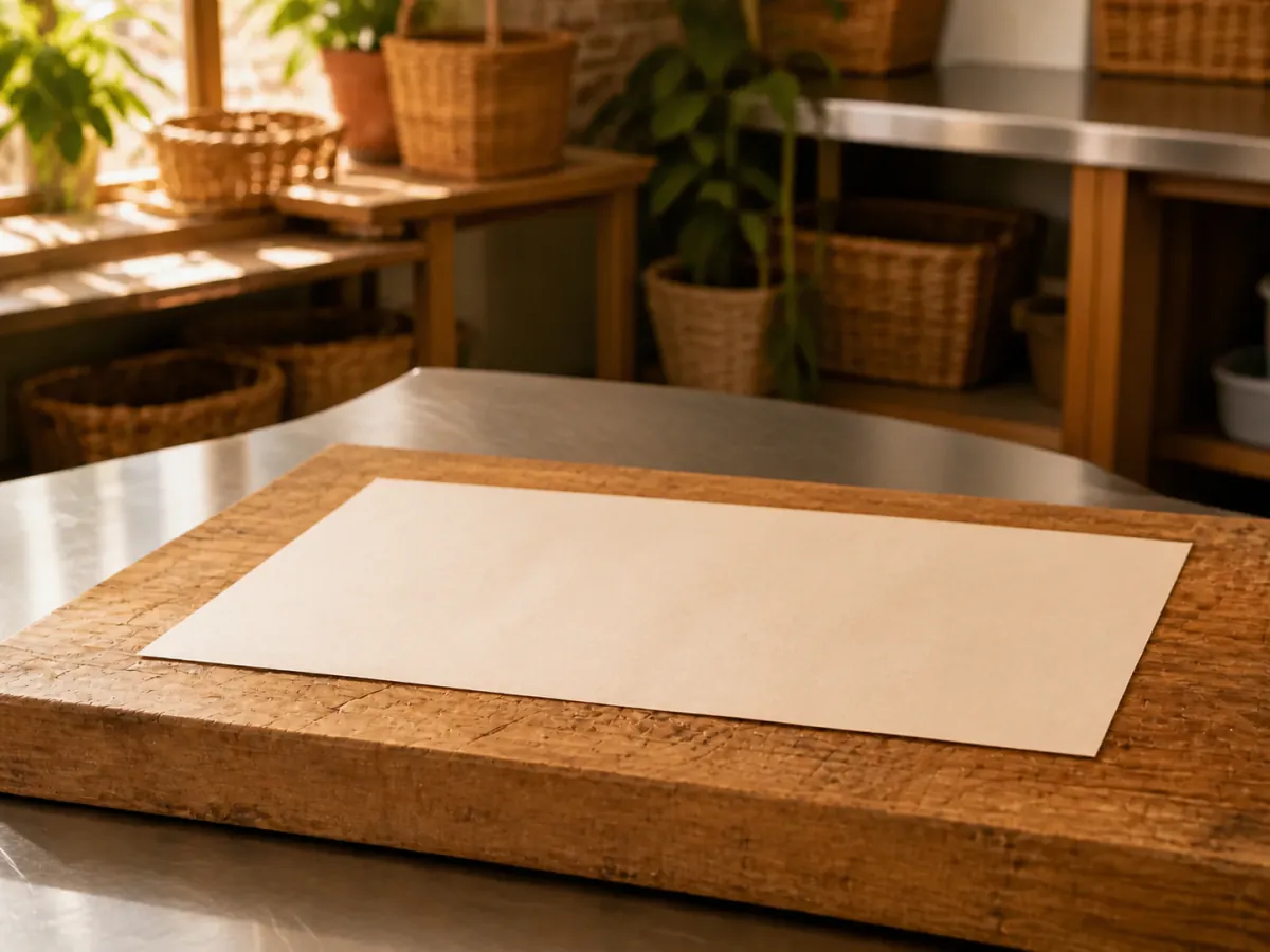 A flat blank sheet of butcher paper on a wooden butcher block