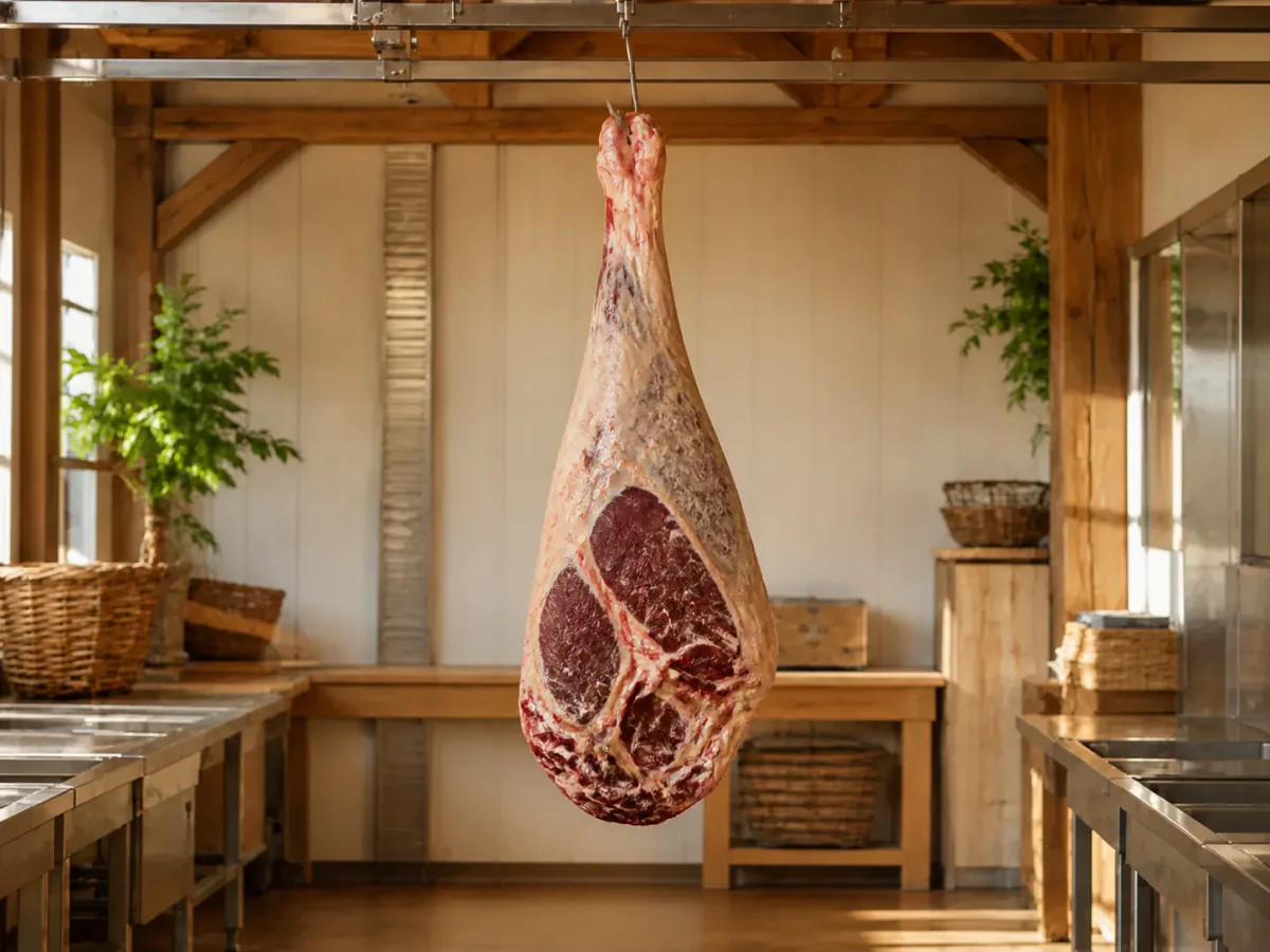 One beef hindquarter hanging in a warm family butcher shop