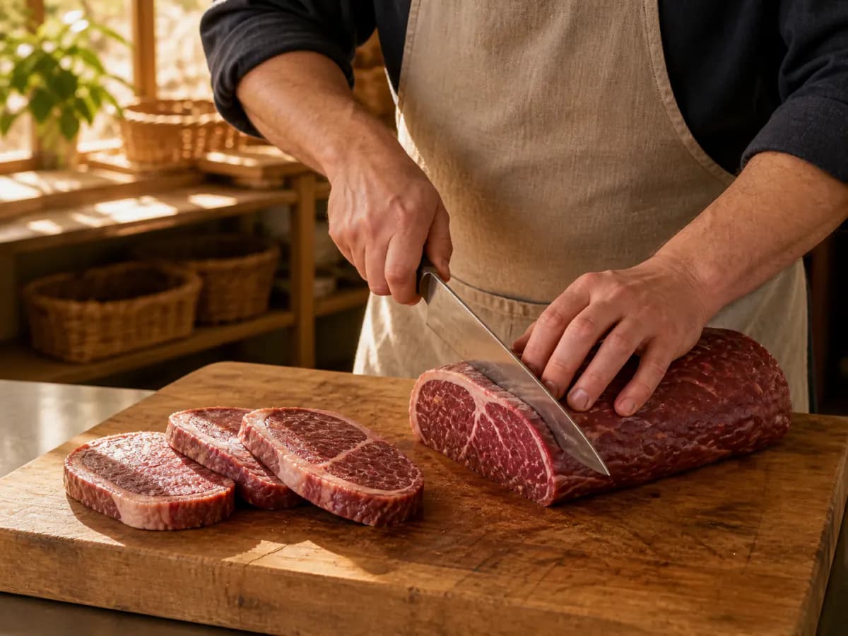 A butcher slicing a marbled beef loin into thick steaks