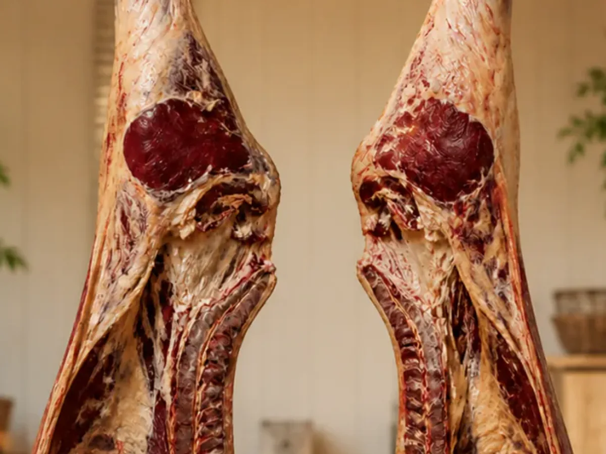 Two beef halves hanging in a warm family butcher shop
