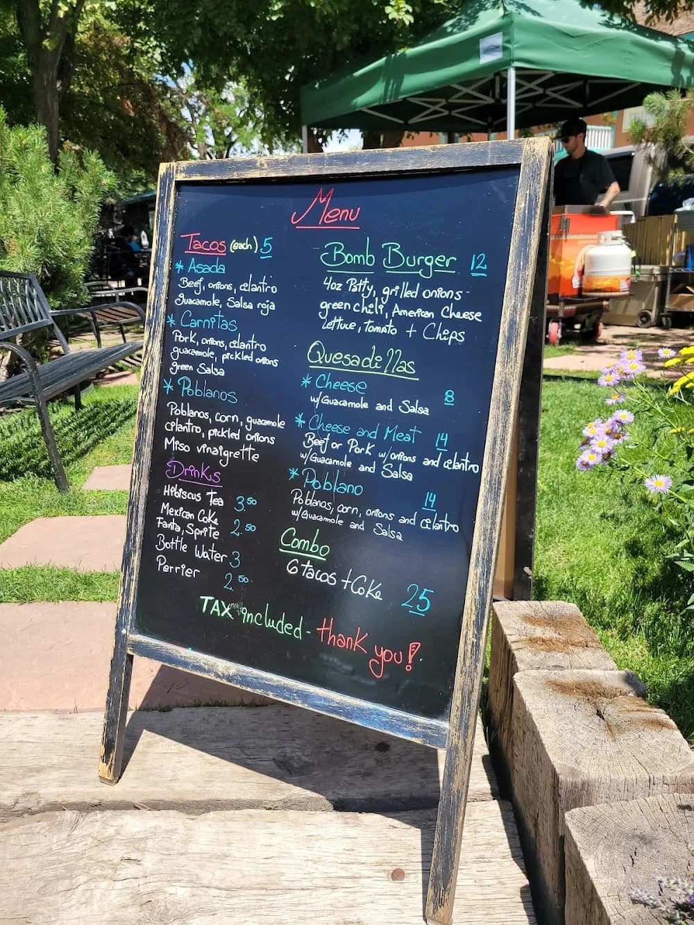 The Bomb Street chalkboard menu at their Angel Fire stand